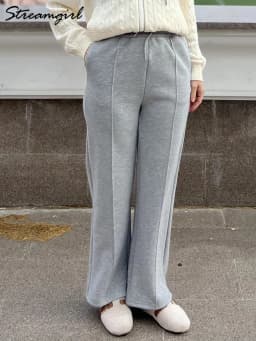 Streamgirl Thick Warm Straight Pants For Women Office Brown Wide Leg Trousers High Waist Women's Loose Pants For Ladies Spring