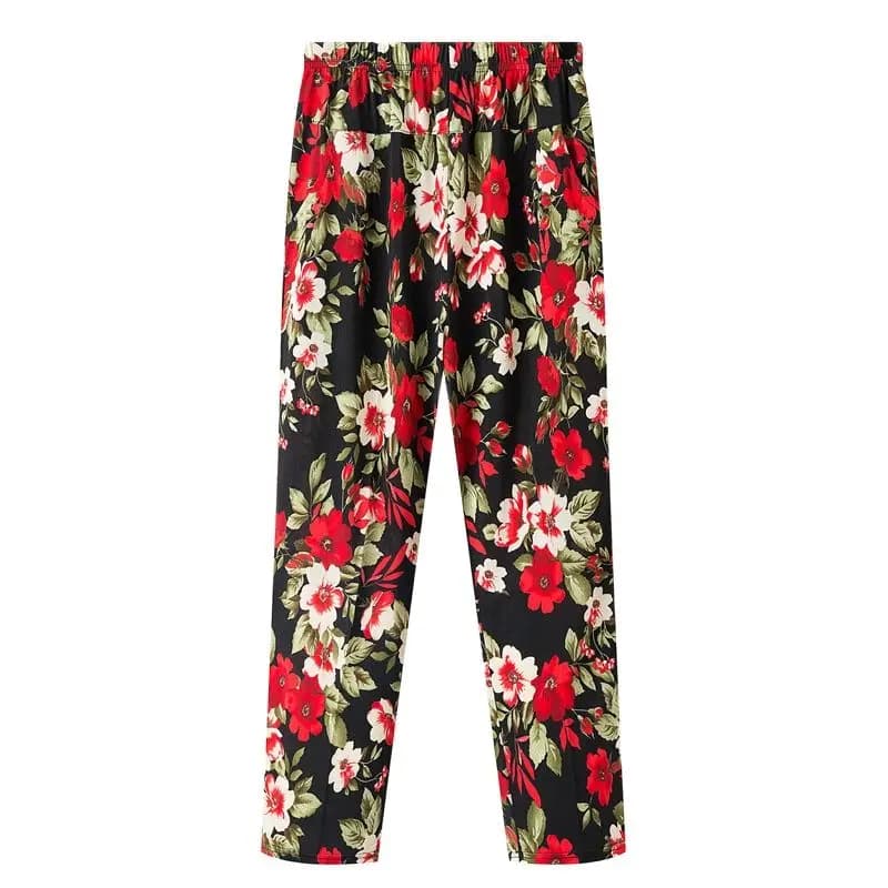 XL-8XL Women Summer Pants 2026 New Fashion Print Thin Ice Silk Straight Pants Middle aged Female High Waist Elastic Casual Pants