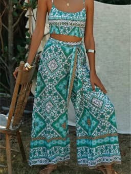 Boho Queens Women Green Floral Print Bohemian Wide Leg Pants Lady Elastic Waist Loose Rayon Boho Long Pant Oversize Trousers