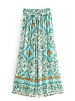 Boho Queens Women Green Floral Print Bohemian Wide Leg Pants Lady Elastic Waist Loose Rayon Boho Long Pant Oversize Trousers