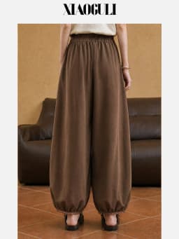 XIAOGULI 150-160cm Petite Women Pants Caramel Brown Leg Lengthening Elastic High Waist Ankle Length Trousers Lace Spliced Hem