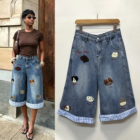 Women Denim Pant Jeans Vintage Wide Leg Long Pants High Waist Trousers Y2k Streetwear Elegant Splice Work Casual Loose Summer