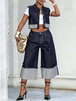 Yeezzi Women's High Waist Wide Leg Rolled Cuffs Cropped Jeans 2026 New Fashion Casual Streetwear Denim Capris Pants Bottoms