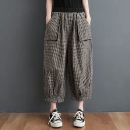 Retro Cotton Linen Plaid Wide Leg Pants Women Summer Casual Seven-Foot Loose plus Size Fat MM Match Lantern Pants