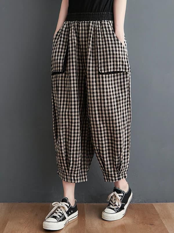 Retro Cotton Linen Plaid Wide Leg Pants Women Summer Casual Seven-Foot Loose plus Size Fat MM Match Lantern Pants