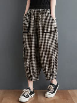 Retro Cotton Linen Plaid Wide Leg Pants Women Summer Casual Seven-Foot Loose plus Size Fat MM Match Lantern Pants