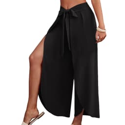 Boho Women High Waisted Palazzo Pants Summer Beach Pants Solid Flowy Trousers Split Lace Up Wide Leg Pants Pantalones De Mujer