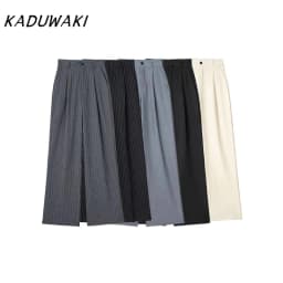 KADUWAKI Women's Fashion High Waist Striped Straight Leg Pants Vintage Zipper Loose Solid Color Pants Office Casual Women's Pant