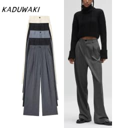 KADUWAKI Women's Fashion High Waist Striped Straight Leg Pants Vintage Zipper Loose Solid Color Pants Office Casual Women's Pant