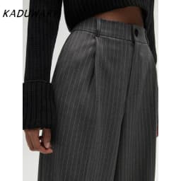 KADUWAKI Women's Fashion High Waist Striped Straight Leg Pants Vintage Zipper Loose Solid Color Pants Office Casual Women's Pant