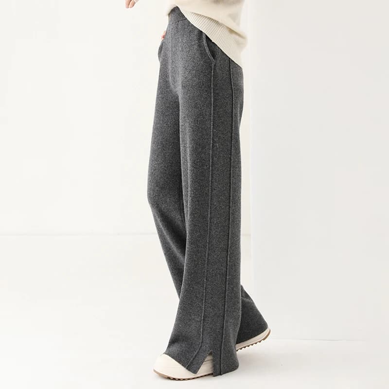 Women Wool Wide Leg Trousers Elastic Waist Side Slit Woman Wool Pants Autumn Winter 100% Merino Wool Knitted Soft Warm Trousers