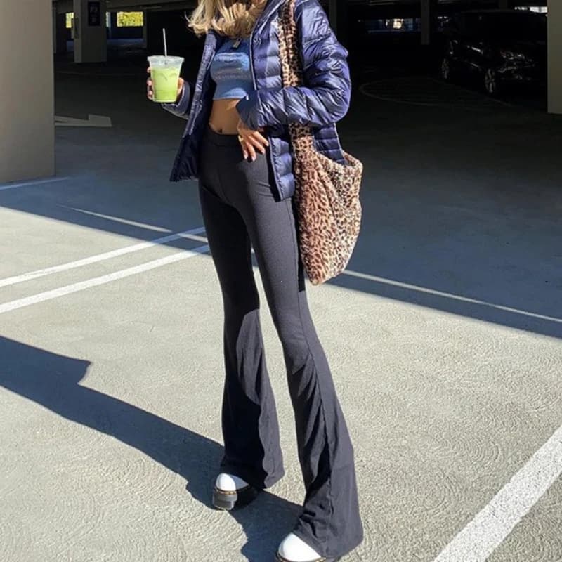 Solid Black Woman Pants Slim Fitting High Waisted Streetwear Casual Flare Pants Women Clothes Full Length Capri Trouser