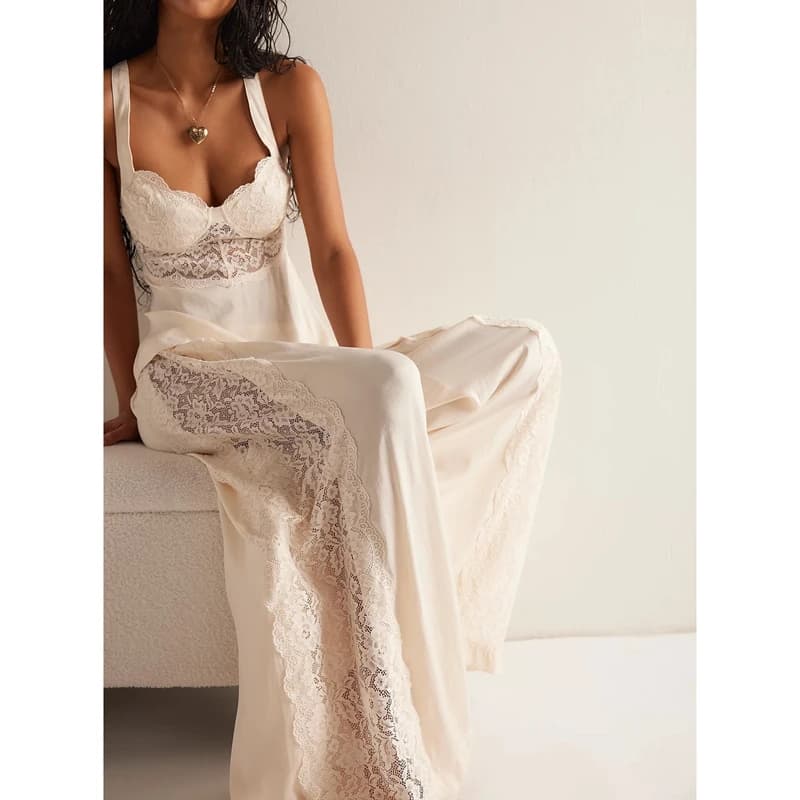 Combhasaki Womens Beachwear Loose Long Pants Side Sheer Floral Lace Patchwork Y2k Drawstring Elastic Low Rise Wide Leg Trousers