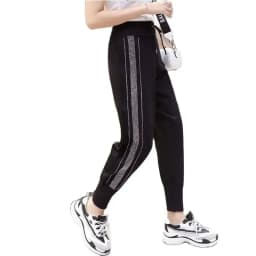 Loose Fit Black Knitted Harem Pants for Women with Diamond Rhinestone Decoration Elastic Waistband Sweatpants Cropped Pants