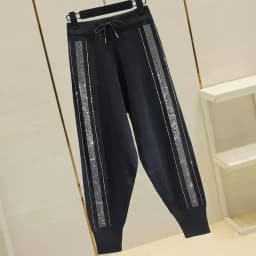 Loose Fit Black Knitted Harem Pants for Women with Diamond Rhinestone Decoration Elastic Waistband Sweatpants Cropped Pants