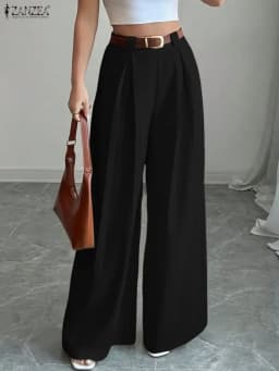 2025 ZANZEA Fashion Women Trousers Autumn High Waist Office Work Pant Elegant Wide Leg Pantalon Solid Pleated Palazzo Streetwear