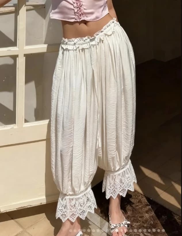 Summer Women Aesthetic Cropped Pants Chic Loose Wide Leg Rise Lace Lantern Trousers Casual Streetwear