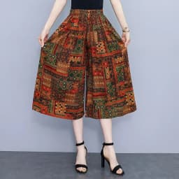 Hot New Summer Wide Leg Pants Women Ethnic Style Elastic High Waist Print Pants Female Casual Summer Calf-Length Pants Skirts