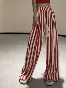 Korean Casual Striped Wide Leg Pants Women High Waist Elegant Straight Trousers Vintage Lace Up Female Spring Loose Pants