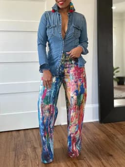 Denim Pant Women Jeans Wide Leg Long Pants Print High Waist Straight Trousers Y2k Streetwear Gothic Elegant Splice Work Casual