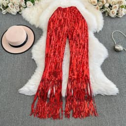 American Shinning Sequin Pantalones Mujer High Waist Tassel Solid Design Pants Women Straight Slim Wide Leg Pant Autumn Dropship