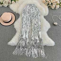American Shinning Sequin Pantalones Mujer High Waist Tassel Solid Design Pants Women Straight Slim Wide Leg Pant Autumn Dropship