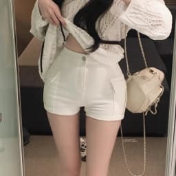 Sexy High Waist Slim Fit Short Pants Double Pockets Elastic Waistband Casual Workwear Hot Pants Milk White Straight Leg Trousers