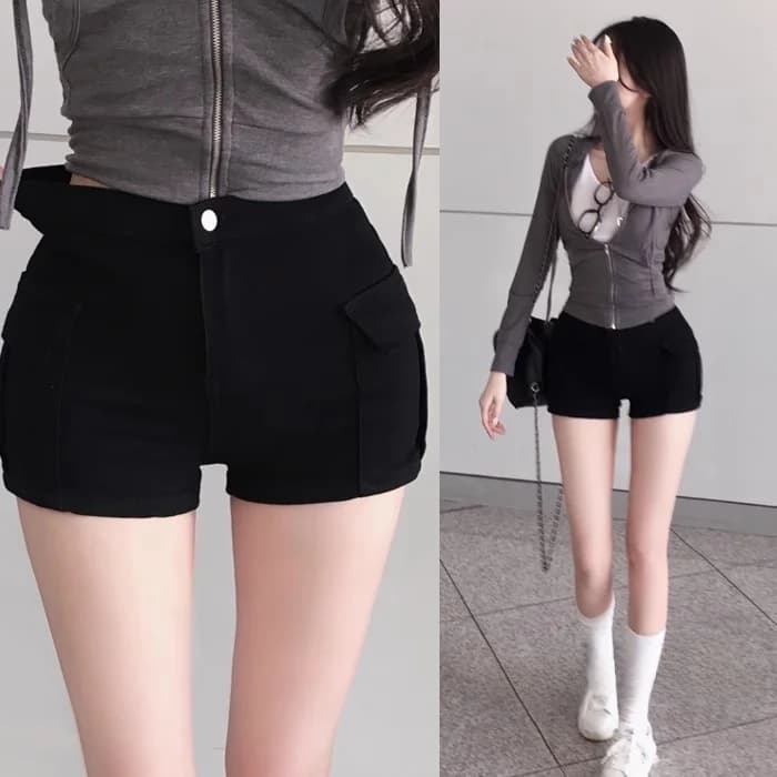 Sexy High Waist Slim Fit Short Pants Double Pockets Elastic Waistband Casual Workwear Hot Pants Milk White Straight Leg Trousers