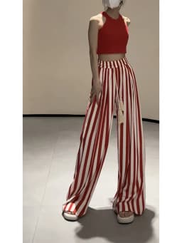 Xgoth New Fashion High end Striped Wide Leg Pants for Women Summer High Waist Slimming Straight Leg Pants Loose Casual Trousers
