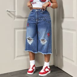 Women Denim Calf Length Pant Jeans Vintage Wide Leg Pants Hole High Waist Straight Trousers Y2k Streetwear Elegant Work Casual