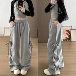 Harajuku Wide Leg Sweatpants for Woman Y2K Bow Lace-Up High Waist Oversized Pants Hip Hop Baggy Gray Sports Trousers Women
