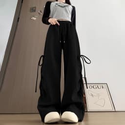 Harajuku Wide Leg Sweatpants for Woman Y2K Bow Lace-Up High Waist Oversized Pants Hip Hop Baggy Gray Sports Trousers Women