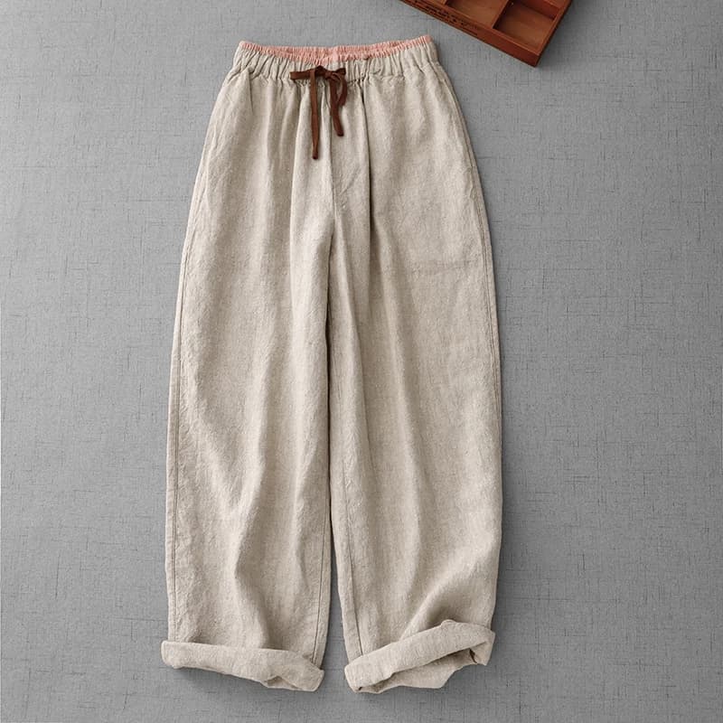 Cotton and Linen Color Blocking High-Waisted Wide-Legged Pants Female Summer New Korean Version of the Loose Temperament Casual