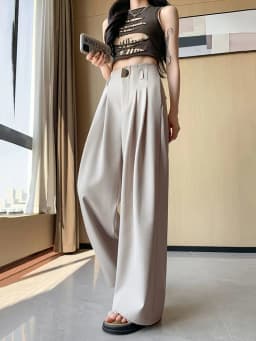 High Waist Suit Wide Leg Women's Full Pants Buttons Spring Summer Female Elegant Minimalism Straight Loose Trousers 2024 New