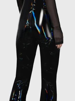 Sexy Faux Latex Hollowed Out Navel Flare Pants Women High Waist Gothic Zip Patent Leather Trousers Custom Wet Look Slim Pants