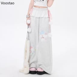 Pink Japanese Kawaii Lolita Style Wide Leg Pants Women Sweet Puppy Embroidery Lace Patchwork Trousers Girls Casual Sweatpants
