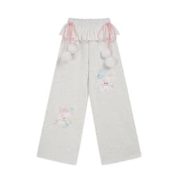 Pink Japanese Kawaii Lolita Style Wide Leg Pants Women Sweet Puppy Embroidery Lace Patchwork Trousers Girls Casual Sweatpants