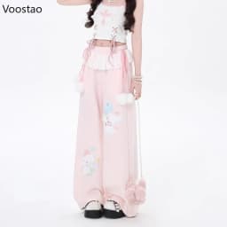 Pink Japanese Kawaii Lolita Style Wide Leg Pants Women Sweet Puppy Embroidery Lace Patchwork Trousers Girls Casual Sweatpants
