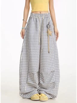 Jmprs Loose Casual Plaid Wide Leg Pant Women High Waist Vintage Straight Trousers Summer Oversize Simple Lace Up Lady Pants New