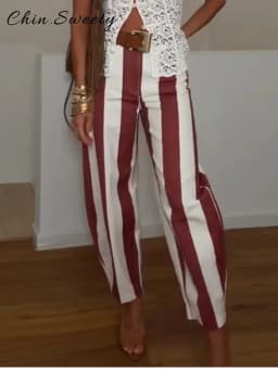 Fashion Women's Striped Pants Button Zipper Double Pockets Straight Straight Leg Trousers 2026 Spring Summer Casual Lady Pant
