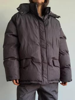 Women Vertical Stripe Puffer 2 Piece Set Hooded Zip‑Up Padded Jacket Elastic Waist Long Pants 2026 Winter Warm Cotton Streetwear