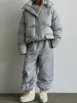 Women Vertical Stripe Puffer 2 Piece Set Hooded Zip‑Up Padded Jacket Elastic Waist Long Pants 2026 Winter Warm Cotton Streetwear