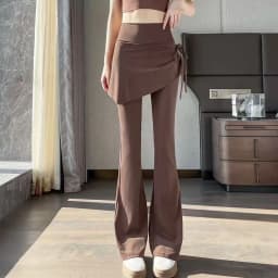 Korean Fake Two Piece Skirt Pants Women 2025 High Waist Elastic Yoga Dance Pants Woman Solid Drawstring Flares Trousers Female