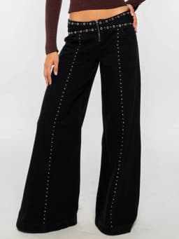 Women Cool Riveted Low Waisted Black Jeans Fashion Floor Length Wide Leg Pants Chic Versatile Pant 2025 New Lady Commute Clothes