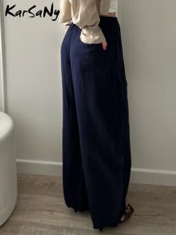 KarSaNy Summer Lyocell Wide Leg Pants Women Baggy High Waist Pink Thin Loose Long Navy Blue Linen Pants Women Summer Trousers
