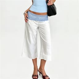 Women's Summer Casual Baggy Pants Stylish Floral Lace Fold Over Waistband Wide Leg Trousers Loose Fit Cropped Capris Streetwear