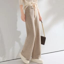 Women Wool Wide Leg Pants Elastic Waist Houndstooth Pattern Trousers Autumn Winter 100% Merino Wool Trousers Knit Soft Warm Pant