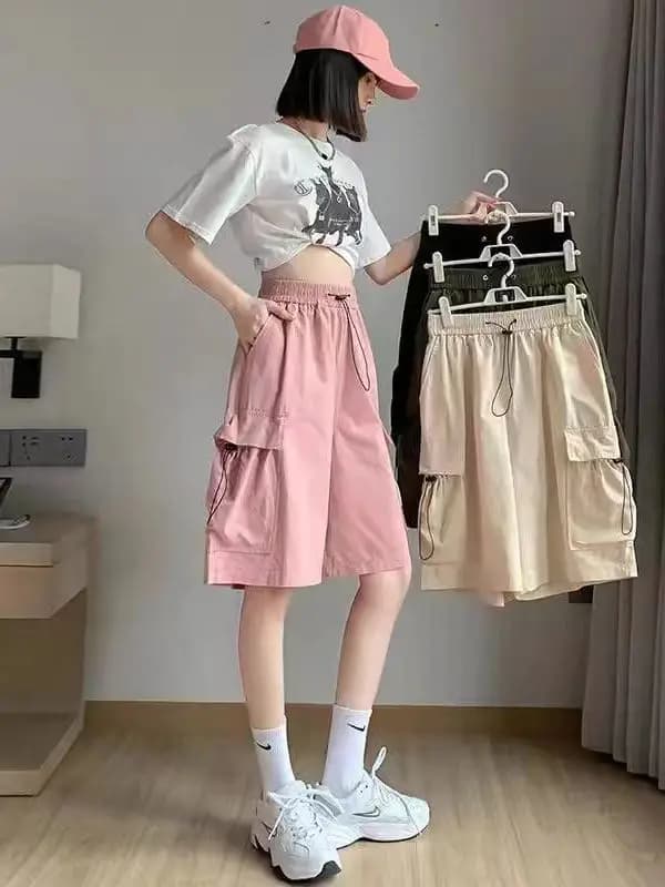 High Waist Wide Leg Workwear Shorts Women's Summer Thin American Casual Design Five-Point Sports Pants Polyester Fiber