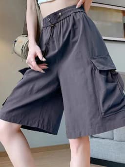 High Waist Wide Leg Workwear Shorts Women's Summer Thin American Casual Design Five-Point Sports Pants Polyester Fiber