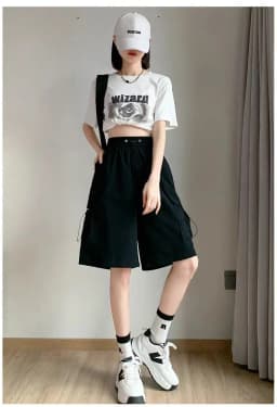 High Waist Wide Leg Workwear Shorts Women's Summer Thin American Casual Design Five-Point Sports Pants Polyester Fiber